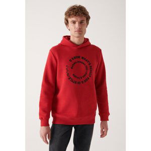 Avva Men's Red Hooded 3 Thread Fleece Inside Printed Standard Fit Regular Cut Sweatshirt