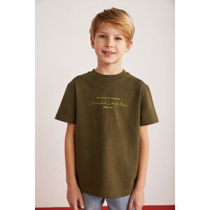 GRIMELANGE Rune Boy's 100% Cotton Short Sleeve Piece Printed Crew Neck Khaki T-shirt