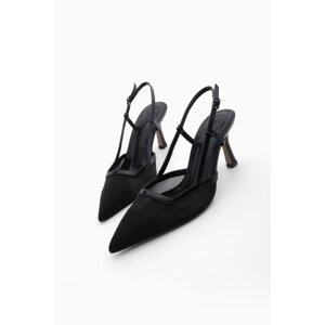 Marjin Women's Stiletto Pointed Toe Scarf Mesh Heeled Shoes Mites Black