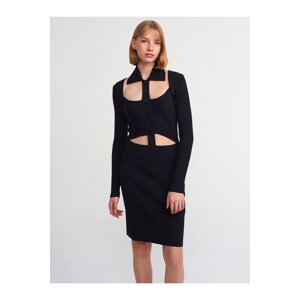 Dilvin 90143 Polo Collar Buttoned Knitwear Dress-Black