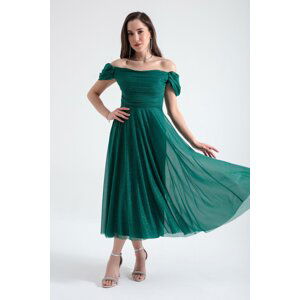 Lafaba Women's Emerald Green Boat Neck Draped Midi Flared Evening Dress