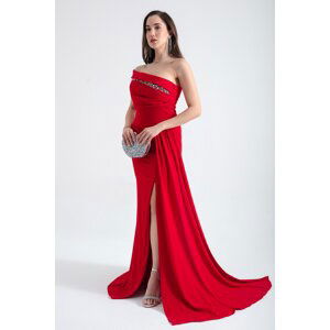 Lafaba Women's Red Boat Neck Stone Long Evening Dress