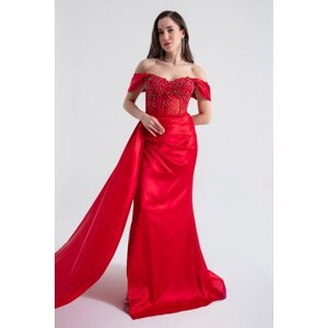 Lafaba Women's Red Boat Neck Underwire Corset Long Evening Dress