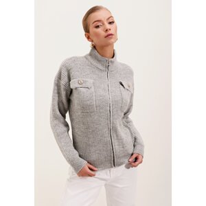 Bigdart 15862 Pocket Detailed Zippered Knitwear Cardigan - Gray