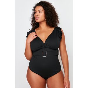 Trendyol Curve Black Deep V Belted Knitted Swimsuit with Recovery Effect