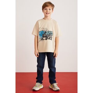 GRIMELANGE Jery Boy 100% Cotton Printed Short Sleeve Beige T-shirt