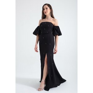 Lafaba Women's Black Pearl Sleeve Detailed Long Evening Dress