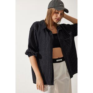 Happiness İstanbul Women's Black Striped Pocket Viscose Shirt