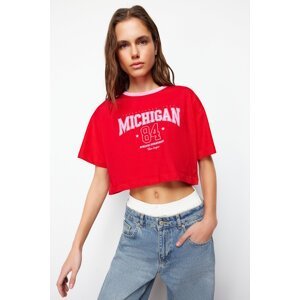 Trendyol Red 100% Cotton Motto Printed Casual Fit Crop Crew Neck Knitted T-Shirt