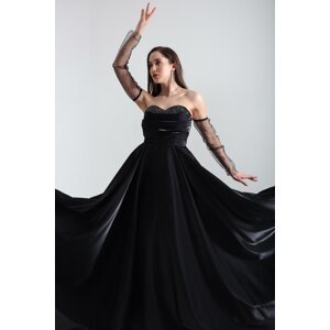Lafaba Women's Black Long Evening Dress with Stones on the Collar and Tulle Sleeves