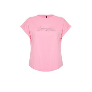 Trendyol Curve Pink Printed Oval Cut Boyfrind Knitted T-shirt