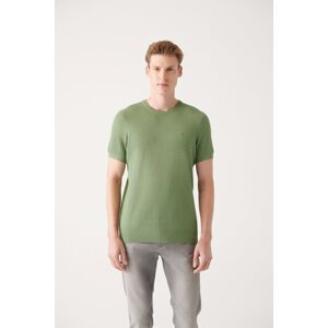Avva Men's Aqua Green Crew Neck Textured Ribbed Standard Fit Regular Cut Knitwear T-shirt