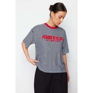 Trendyol Black Striped Motto Embroidered Oversize/Wide Fit Knitted T-Shirt