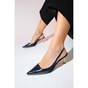 LuviShoes MARTEN Women's Navy Blue Skin Pointed Toe Open Back Thin Heel Shoes