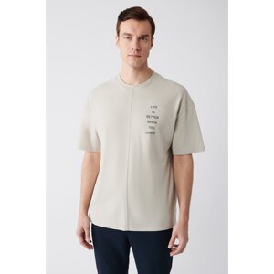 Avva Men's Beige Oversize 100% Cotton Crew Neck Slogan Printed T-shirt