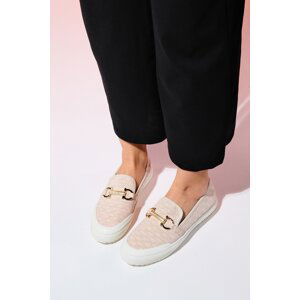 LuviShoes MARRAKECH Beige Denim Women's Buckled Loafer Shoes