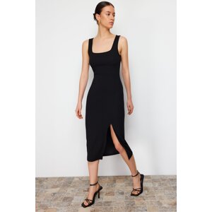 Trendyol Black Fitted/Body-Sitting Slit Square Collar Flexible Knitted Midi Dress