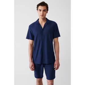 Avva Men's Navy Blue Cuban Collar Knitted Jacquard Easy Iron Short Sleeve Standard Fit Normal Cut Shirt