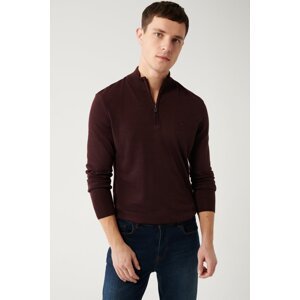 Avva Men's Claret Red Knitwear Sweater Zippered Stand Collar Non-Pilling Regular Fit