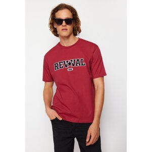 Trendyol Claret Red Relaxed/Comfortable Cut Text Embroidery Appliqued 100% Cotton Short Sleeve T-Shirt