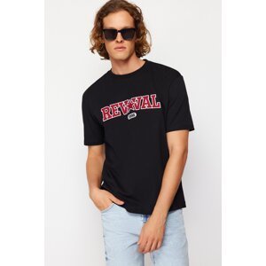 Trendyol Black Relaxed/Comfortable Cut Text Embroidery Appliqued 100% Cotton Short Sleeve T-Shirt