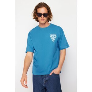 Trendyol Blue Oversize/Wide Cut Crew Neck City Printed 100% Cotton T-Shirt