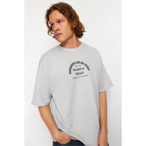 Trendyol Gray Oversize/Wide Cut Text Printed Thick T-Shirt