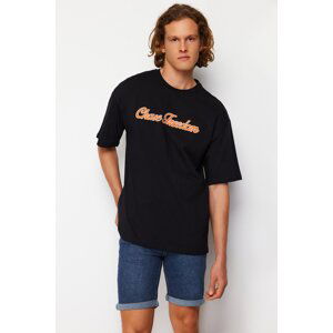 Trendyol Black Oversize/Wide Fit Text Applique Embroidered 100% Cotton Short Sleeve T-Shirt