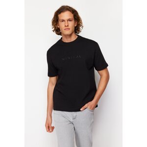 Trendyol Black Relaxed/Casual Cut Fluffy Text Printed Short Sleeve Solid Fabric T-Shir