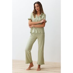 Trendyol Mint 100% Cotton Ruffle Detail Knitted Pajamas Set