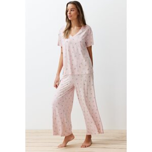 Trendyol Powder-Multicolored Floral Knitted Pajamas Set