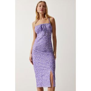 Happiness İstanbul Women's Vivid Lilac White Floral Slit Summer Knitted Dress