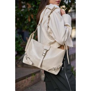 Madamra Cream Patent Leather Women's Belt Cornered Patent Leather Shoulder Bag