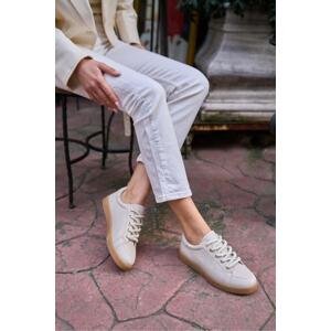 Madamra Beige Women's Thick Laced Leather Look Sports Shoes Sneaker