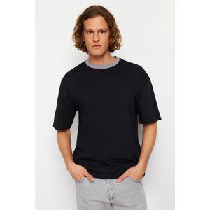 Trendyol Black Oversize/Wide Cut Mystic Print Contrast Collar Rib 100% Cotton T-Shirt