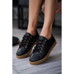 Madamra Women's Black Thick Laced Leather Look Sneakers