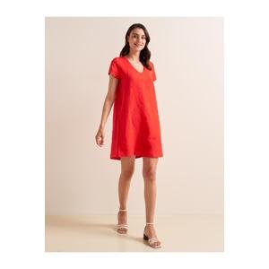 Jimmy Key Orange Straight Cut V-Neck Short Sleeve Linen Mini Dress