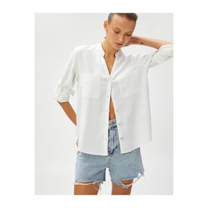 Koton Linen Shirt Grandma Collar Pockets Folded Sleeves