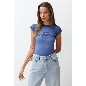 Trendyol Blue Fitted Printed Cotton Flexible Knitted T-Shirt