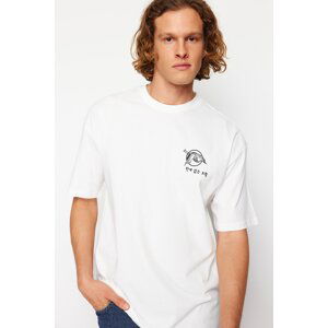 Trendyol Ecru Oversize/Wide Cut Headlight East Printed Short Sleeve 100% Cotton T-Shirt