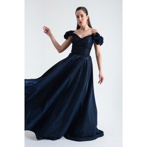 Lafaba Women's Navy Blue Silvery Silvery Long Evening Dress with Frilly Sleeves