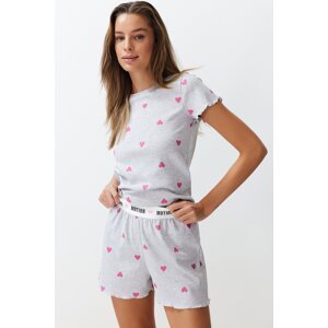 Trendyol Gray Melange Heart Slogan Printed Rubber Detailed Ribbed Knitted Pajamas Set