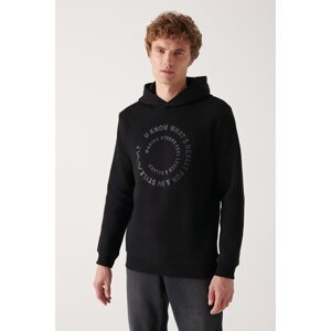 Avva Men's Black Hooded 3 Thread Inner Fleece Printed Regular Fit Sweatshirt