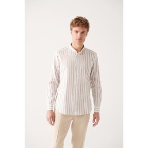 Avva Men's Beige Classic Collar Striped Linen Cotton Slim Fit Slim Fit Shirt