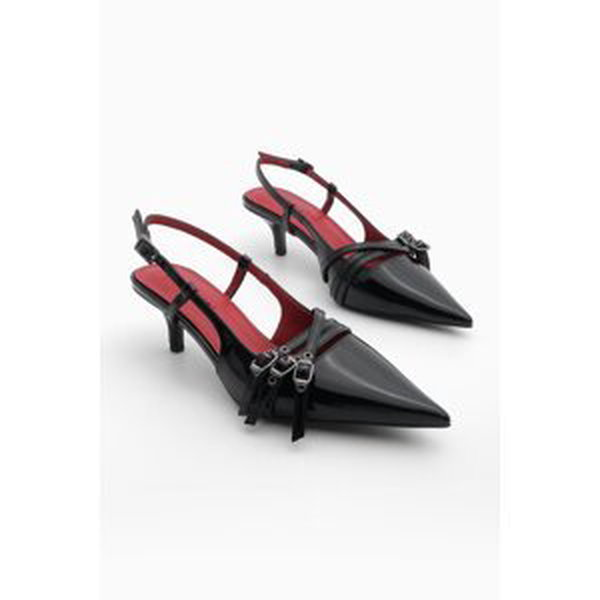 Marjin Women's Pointed Toe Thin Heel Three-Stripes Classic Heeled Shoes Lefar Black Patent Leather