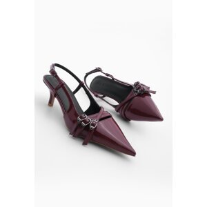 Marjin Women's Stiletto Pointed Toe Scarf Thin Heel Three-Stripes Heeled Shoes Lefar Burgundy Patent Leather