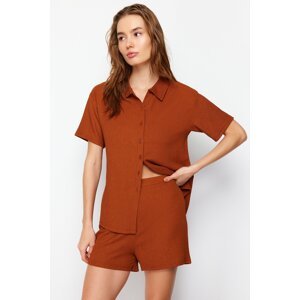 Trendyol Tile Gooseberry/Textured Shirt and Shorts Knitted Two Piece Set