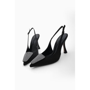 Marjin Women's Pointed Toe Stone Open Back Evening Dress Classic Heeled Shoes Rayisa Black Satin