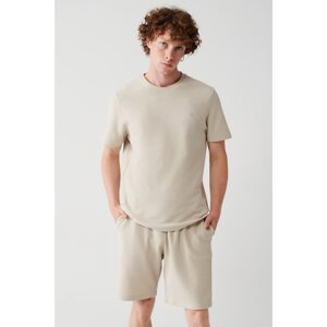 Avva Men's Beige 100% Cotton Crew Neck Jacquard Knitted Standard Fit Regular Cut T-shirt