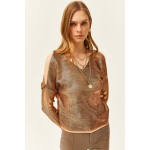Olalook Women's Bronze Decollete Front Back Metallic Knitwear Sweater
